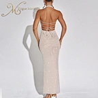 apricot rhinestone halter dress